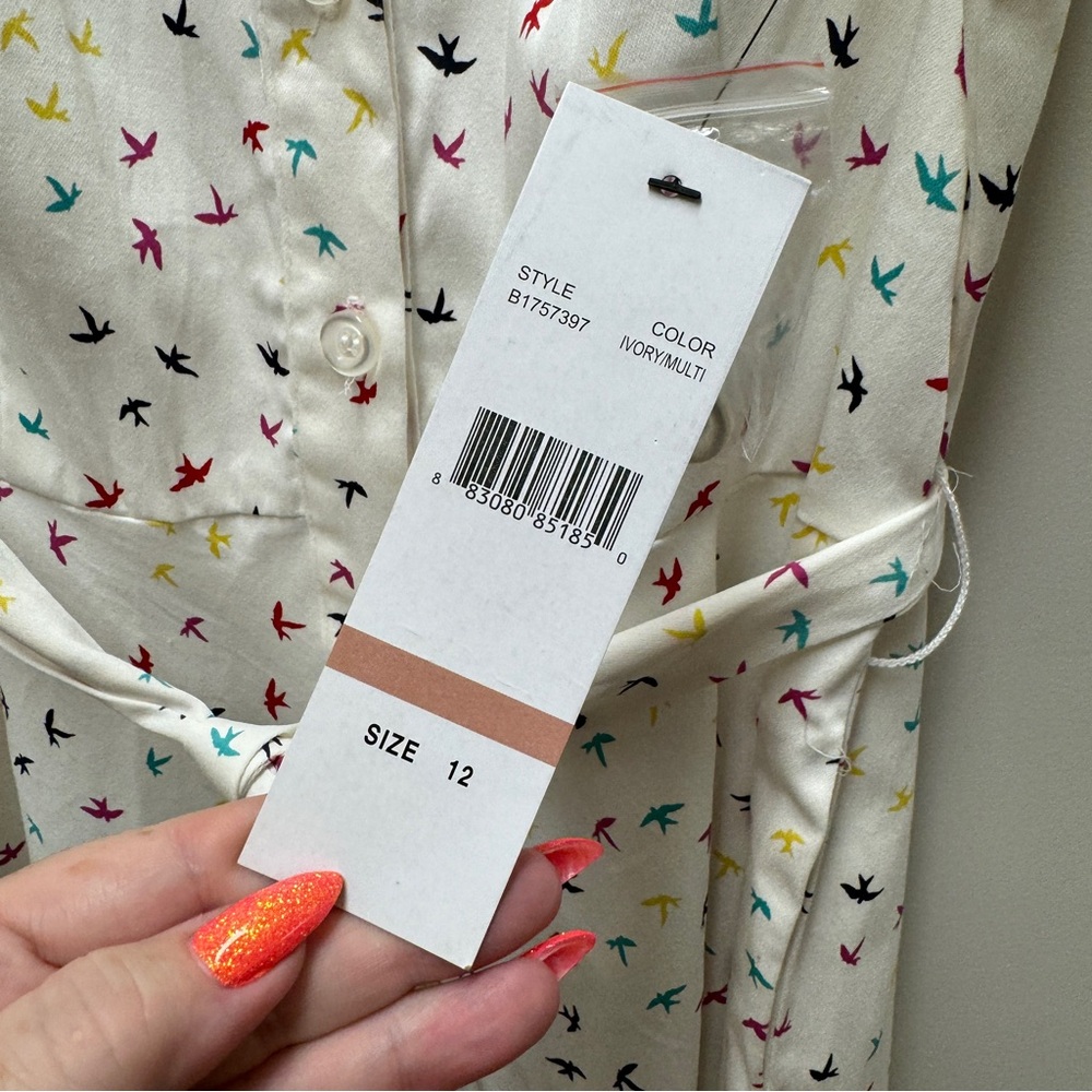 NWT Chetta B White Bird Print Sleevelss Button Down Front Closure Dress Size 12 - Picture 4 of 9